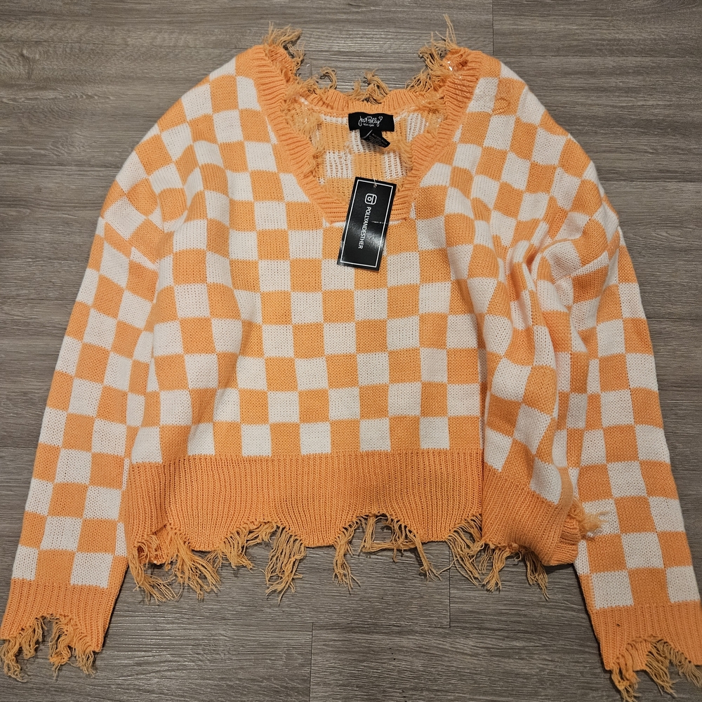 Trendy Orange and White Checkered V-Neck Sweater